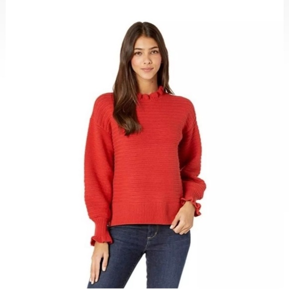 *NWT* MADEWELL Ruffle Ribbed Merino Wool High Neck Pullover Sweater in Red — M - Picture 2 of 7